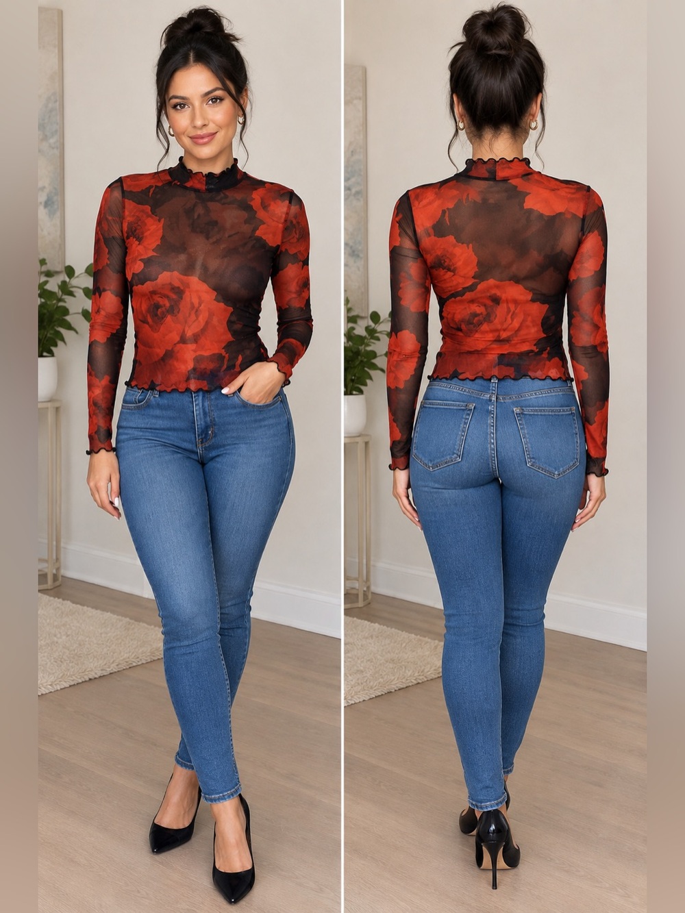 Sheer Floral Long-Sleeve Mesh Top - Red/Black
